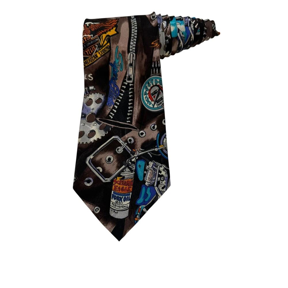 Nicole Miller Harley Davidson Zipper Buckles Gears Motorcycle Vintage Necktie